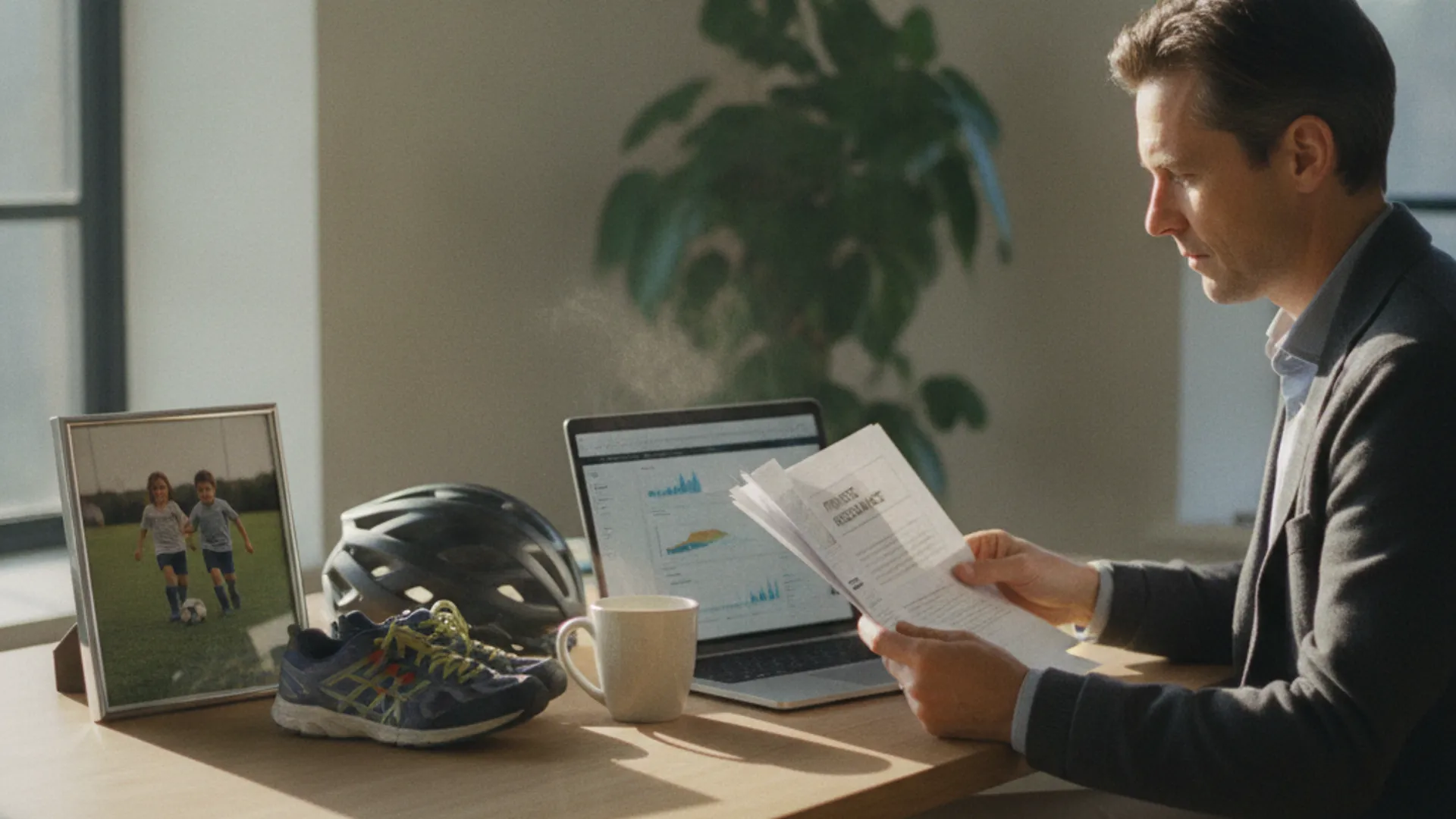Ein Mann liest Unterlagen zur Unfallversicherung, während er an einem Schreibtisch mit einem Laptop arbeitet. | © BlueBranch GmbH